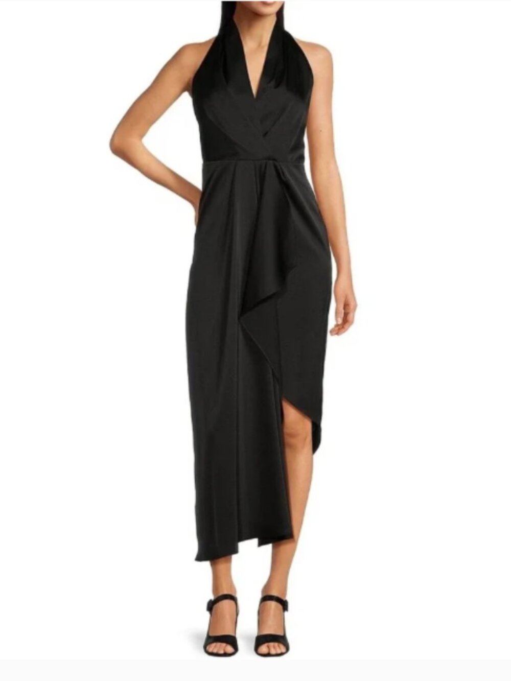 Alex Marie Black Draped Satin Halter Neck Asymmetrical Hem Midi Dress Size 6 NWT